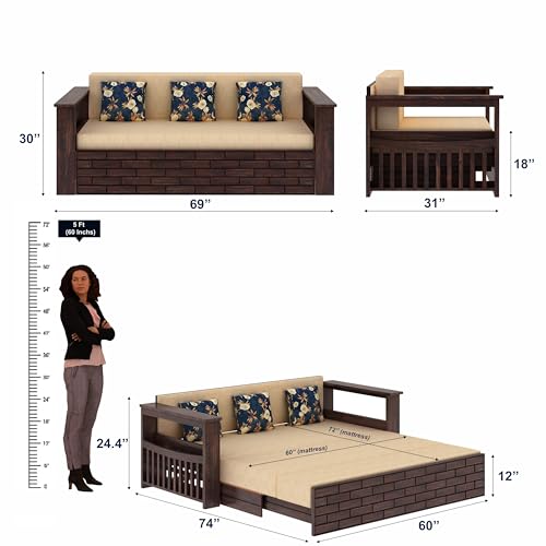Image of Ganpati Arts Italian Solid Sheesham Wood 3 Seater Sofa Cum Bed with Side Pockets for Storage and Fabric at Back Wooden Sofa Furniture for Living Room Home (Walnut Finish)