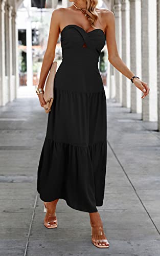 Image of ECOWISH Women's Summer Strapless Maxi Dress 2026 Off Shoulder Hollow Out Smocked A Line Tube Tiered Long Dresses