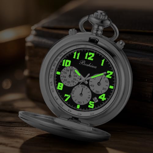 Image of BOSHIYA Smooth Quartz Pocket Watches for Men Multifunctional Chronograph Classic Vintage Mens Womens Pocket Watch with Chain Christmas Graduation Birthday Gifts Fathers Day