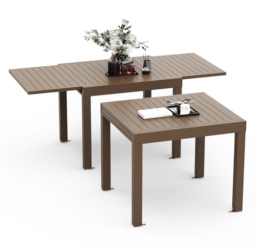 Devoko Gartentisch, ausziehbar, 80/160 x 80 x 75 cm, kleiner ausziehbarer Tisch, aus Aluminium, für Balkon, wetterfest, ausziehbar, Esstisch für den Außenbereich, Braun