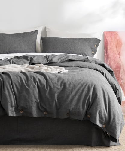 Image of JELLYMONI 100% Washed Cotton Dark Gray Duvet Cover King, Linen-Like | OEKO-TEX Certified, Soft, Breathable Percale Bedding with Natural Wrinkle Texture, Button Closure, 3-Piece Set, 104 inchx90 inch