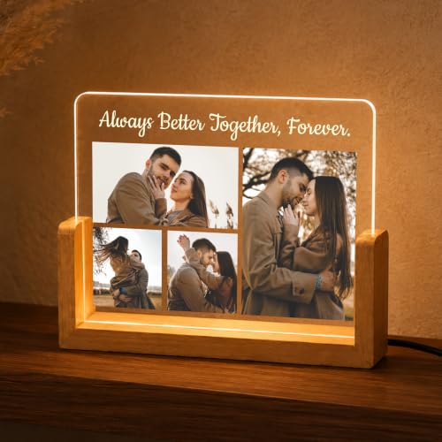 Image of Giftplease Personalized LED Acrylic Photo Frame with Custom Picture and Quote, Romantic Couple Night Lamp, Wooden Base USB Table Decor, Anniversary Photo Display, Wedding Decor, Bedroom Home Accent