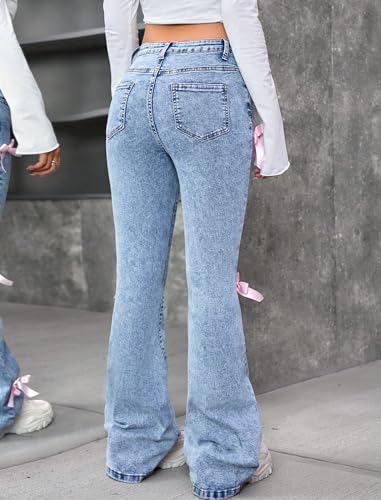 Girls Jeans Flare/Bell Bottom Bow Jeans for Teen High Waist Cute Y2K Stretch Tween Denim Pants 8-16Y3