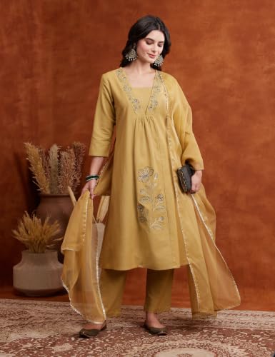 Image of Amazon Brand - Myx Women's Embroidered Kurta Set With Dupatta | Cotton Blend (Available In Plus Sizes)