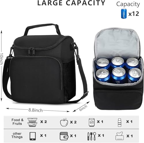 Image of Nylon Insulated Lunch Bag with Shoulder Strap, Large Capacity, Dual Compartment, Black (Black), 11 Liters