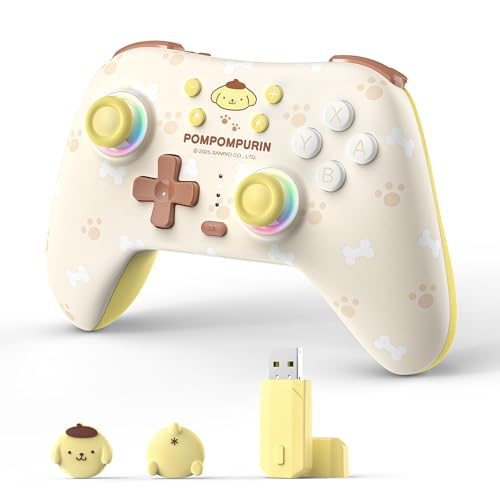 Image of Kuitmor Pompompurin Dog Switch Pro Controller, Cute Hall Effect Wireless Gamepad No Drift for Switch 2 /Switch /OLED /Lite, PC /Steam, Android, iOS, Bluetooth + Wired, Turbo, Back Buttons, 6-Aixs Gyro, Wake-up, RGB (Yellow, With Receiver)