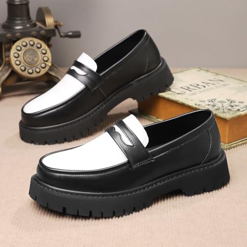 Image of Men's Leather Platform Chunky Slip-On Penny Loafers Classic Round Toe Lug Sole Business Casual Formal Work Shoes