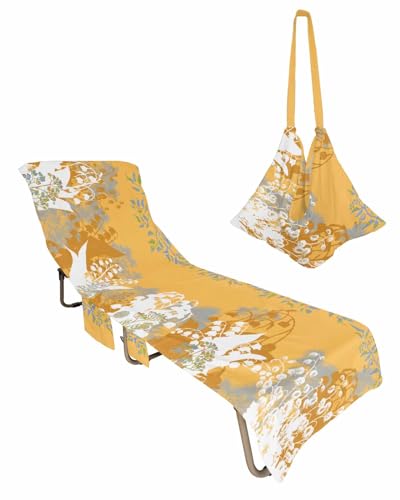 Yellow Boho Floral Beach Lounge Chair Towel Cover, Soft Chaise Lounge Towel with Side Pockets Patio Pool Chairs Cover for Beach/Pool Sunbathing 29x85 Botanical Bohemian Leaves Plant