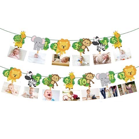 Sponsored Ad - Jungle 1st Birthday Photo Banner/Newborn to 12 Month Display Milestone Safari Animals Theme First Year Baby Banner Jungle Party Photo Booth Props Cake Smash Party Decorations Supplies