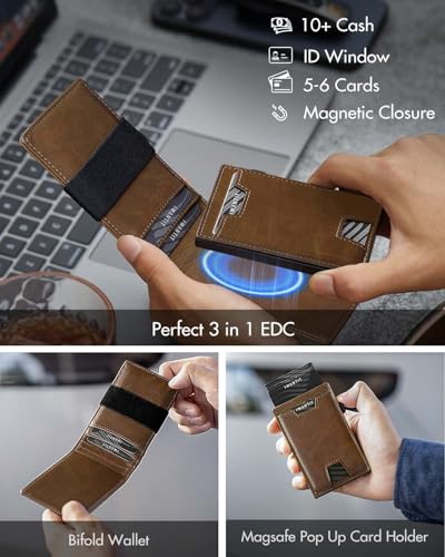 Image of iwantit 3 in 1 MagSafe Wallet Men: Slim Bifold Money Clip + Smart Pop up Card Holder - Cash Strap, Men's Minimalist Magnetic Wallet, ID Window, Premium Leather (Vegetable-tanned Khaki)