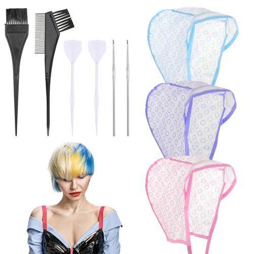 JJUNW 3 Pcs Hair Highlighting Caps, Bleach Cap Coloring Frosting Dye Kit, Highlighting Kit, Highlight Cap with Hooks Highlight Hair Coloring Frosting Dye Kit for Salon Hair Dyeing Hairdressing