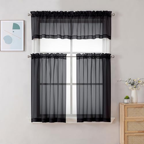 Image of Chyhomenyc Sheer Black Valances for Windows 2 Pack, Small Window Curtains for Living Room Bathroom Cafe Laundry Basement, Modern Top Dual Rod Pocket Voile Curtain, 42W x 18L inches, Black