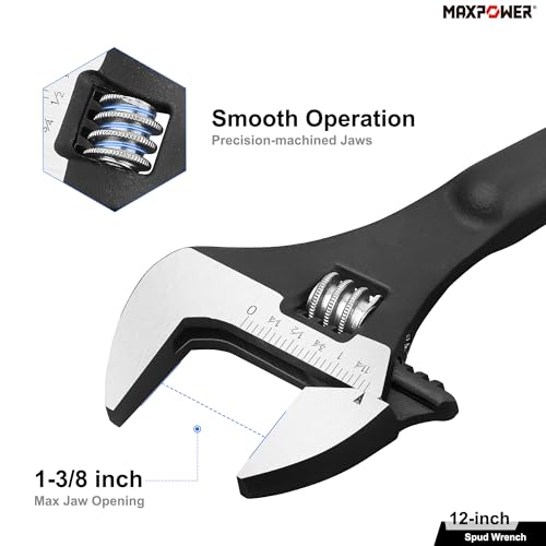 Image of MAXPOWER 12 inch Spud Wrench, Max Jaw Opening 1-3 /8 inch | Smooth Jaw, Continuous-tapered Handle for Alignment