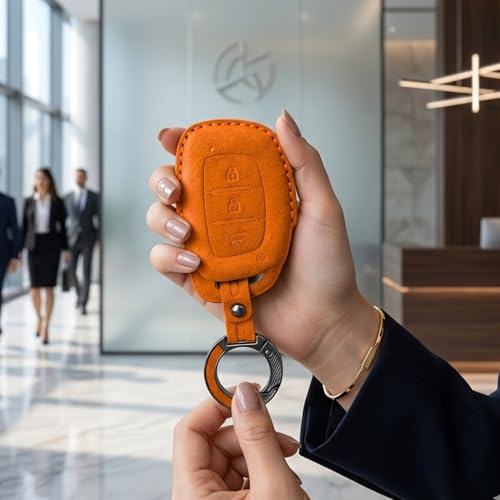 Image of KMH Alcantara Car Key Cover Compatible Hyundai Grand i10 NIOS Asta | Venue | i20 | Aura | Creta | Elantra 3 Button Shell Case Holder Full Key Smart Keycover with Keychain (D1) Orange - Pack of 2