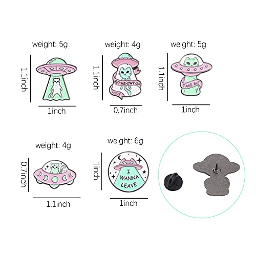 ROFARSO Fun Alien Cat Enamel Lapel Pin Set Cartoon UFO Pin, Halloween Accessory for Backpacks Clothing Bags Hats Shirts (5piccs pin set)4