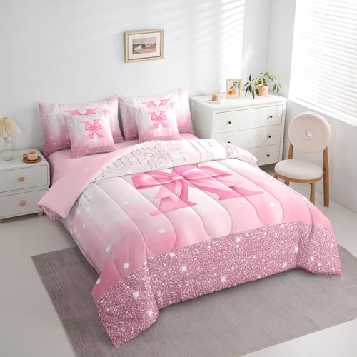 Image of Feelyou Boys Girls Pink Bowknot Bed in A Bag Queen Size, Personalized Initial X 7 Pieces Bedding Set Princess Glitter Comforter Set with Sheets Kids Bow Monogrammed Teens Bed Set Bedroom Decor 7Pcs