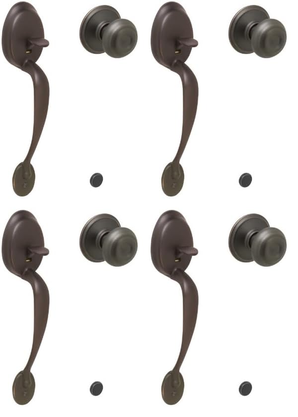 Image of SCHLAGE FE285PLY716GEO Aged Bronze Handle Only Plymouth Keyed Entry Handleset with a Georgian Interior Knob from The Plymouth Collection (Pack of 4)