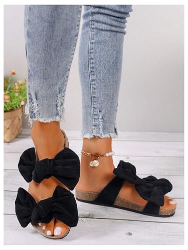 GORGLITTER Women's Bow Cork Sandals Double Band Suede Beach Sandals Open Toe Slip On Slide Sandals 20253