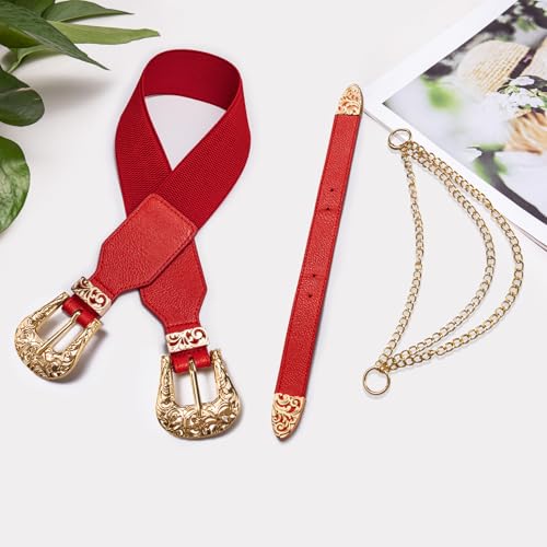 Image of Dubulle Womens Belt Chain Leather Belts Vintage Western Adjustable Elastic Double Buckle for Cowboy Pant Dress