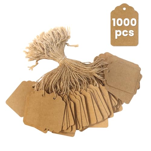 Brown Price Tags with String 1000 PCS 1.375 x 2.125 Inches Goefun Kraft Paper Hang Tags for Gift Bags Hanging Clothing Jewelry Garage/Yard Sale Inventory 250 GSM