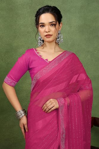 Image of MIRCHI FASHION Saree for Woman Georgette Solid with Satin Stripes | Stone Border Farewell and Ceremonial Sari with Blouse Piece