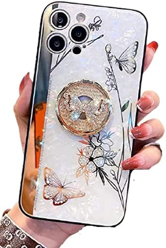 Aulzaju for Luxury iPhone 12 Pro Max Case Women Girl Design with Ring Kickstand,Cute Glitter Butterfly Pattern,Plating Pearl Hard Back Rugged Bumper Cover for iPhone 12 Promax Bling Diamond Phone Case