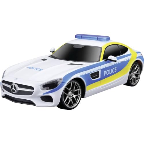 MaistoTech R/C Mercedes AMG GT Policía: Coche teledirigido a Escala 1:24, óptica policial, Control de manija de Pistola, tracción Trasera, a Partir de 5 años, 20 cm, Blanco y Azul (581510)