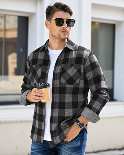 Image of WARHORSEE Flannel Shirt for Men Long Sleeve Button Down Plaid Shirts | Soft Cotton Blend for Multi-season Wear, Lightweight yet Warm, Dual buttoned storage pockets, Machine Washable Easy Care