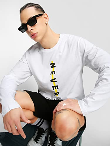 Image of Bewakoof Men's Never Mind Stripe Printed 100% Cotton T-Shirt - Regular Fit, Round Neck, Full Sleeves