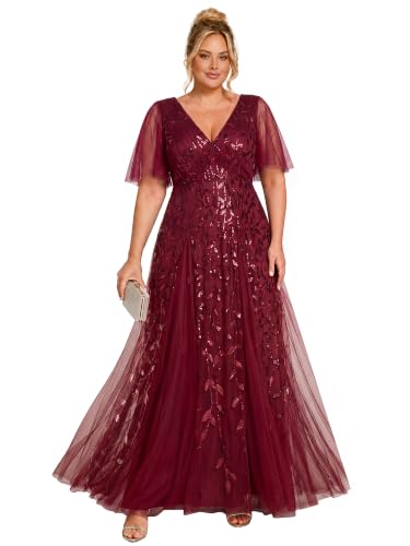 Image of Ever-Pretty Women's Sequin V Neck Plus Size Formal Dresses Evening Gown | Short Sleeve, A-Line, Empire Waist, Plus Size Mother of the Bride Dresses, Plus Size Gala Dress