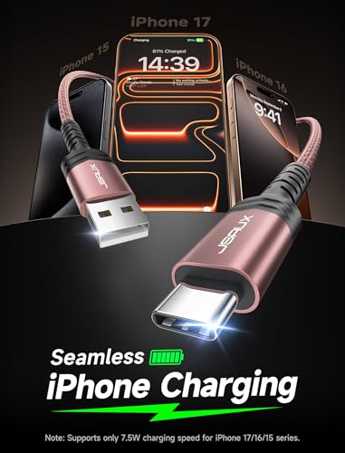Image of JSAUX USB to USB C Cable, USB C Cable for iPhone 17, 3-Pack (10+6.6+3.3FT) | USB Type C Charger Cord, Fast Charging for iPhone 17 16 Pro Max, Samsung Galaxy, iPad, Pink