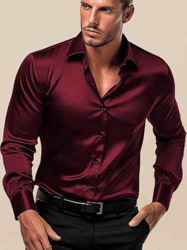 Image of IndoPrimo Men's Satin Shirt with Spread Collar Neck Line Solid Pattern Full Sleeves Regular Fit Western Style and Standard Length