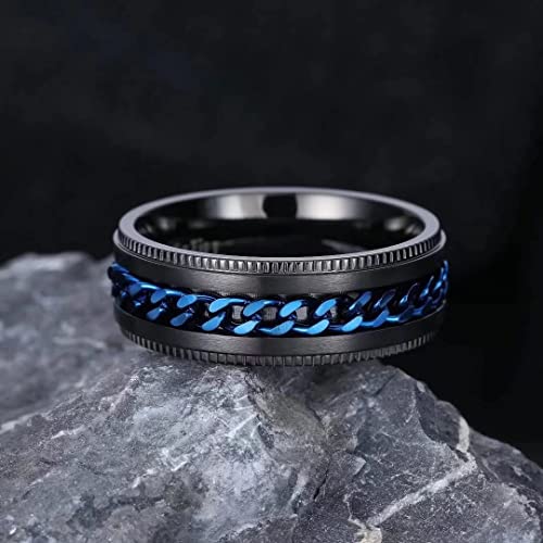 Image of King Will Black /Blue Stainless Steel 8mm Rings for Men Center Chain Spinner Ring, Size 7-14