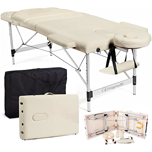 Vesgantti Table de Massage Pliante Portable en Aluminium 3 Zones Lit Esthetique Professionnel Pliable Hauteur Réglable avec Housse de Transport - Beige