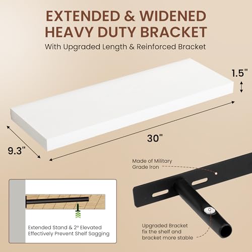 Image of Dreamland 30 Inches Floating Shelves for Wall, 9.3 inch Deep Long Floating Shelves Set of 2, Large Display & Storage Shelf, Wall Shelf for Bathroom Bedroom Living Room Kitchen Office, White