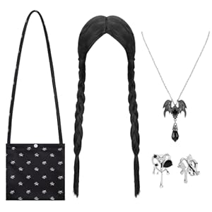 Hifot Disfraz Miercoles Addams Niña Peluca & Accesorios, Bolsa Wednesday Addams Peluca Trenzas Pendientes Collar, Wednesday Addams Disfraz Miercoles Niña La Familia Addams Peluca Miercoles