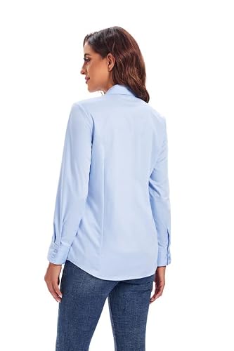 Damipow Womens Dress Shirts Wrinkle Free Button Down Shirt Long Sleeve Blouses For Work Professional,Blue,Xlarge #TOP3