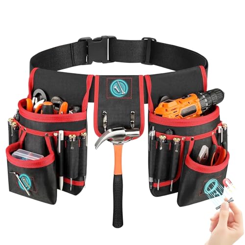 Magnetic Tool Belt with 26 Pockets, Heavy-Duty Detachable Tool Pouch, Adjustable Utility Belt for Electrician, Carpenter, Mechanic, Plumber, Roofer, Contractor in Black and Yellow (Black And Red)