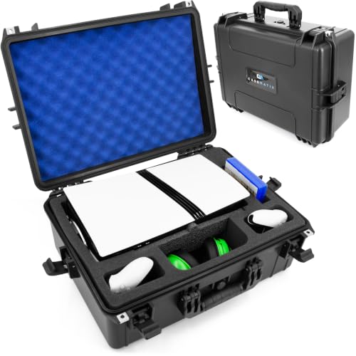 CASEMATIX Travel Case Compatible With PlayStation 5 Pro &amp; PS5 Pro Disc Drive - Hard Shell Waterproof Case with Custom Foam for Console, Pro Controllers, Stand, Headset, Games &amp; Accessories (Blue Lid)