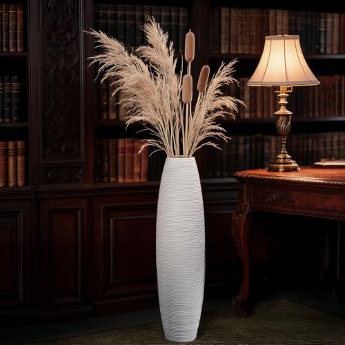 Image of Large Floor Vase 35.4 inch Matte White, Resin Wide-Body Vase with Horizontal Ribbed Texture for Dried Pampas Grass Branches, Modern Home Decor for Living Room Corner Entryway