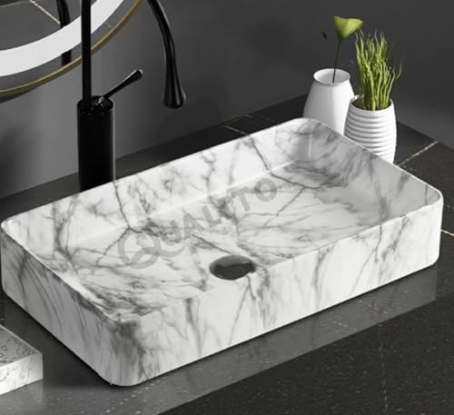 Image of QUALITO Designer Table Top Wash Basin for Bathroom, Living Room, Hall, Dinning Room | Big Size Ceramic Vessel Sink /Basin | Glossy Finish Marble Vanity Basin (24x14x5 Inch, Lexa)