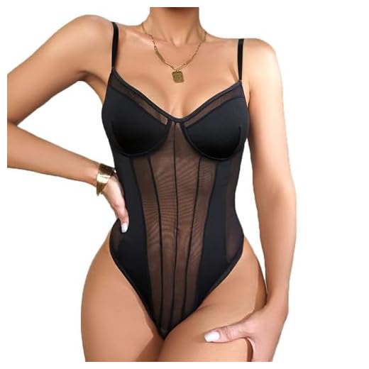KBRPEY Body Mujer Sexy Espaguetis Bodysuit Sin Mangas Top Cuello en V Bodies Elegante Mono de Negro Mujer Clásico Bodysuit Jumpsuit Sexy Transparente Malla Top Slim Chic Clubwear (XS)
