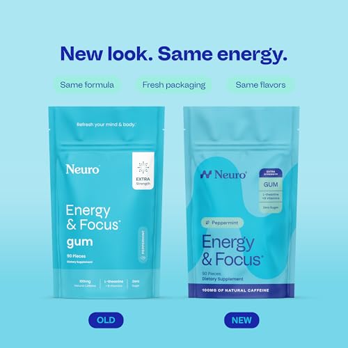 Neuro Energy & Focus Gum, Extra Strength - 100mg Natural Caffeine Gum & Nootropic Energy Supplement with L-Theanine & B Vitamins - Sugar Free, Vegan - Peppermint, 90ct - Image 3