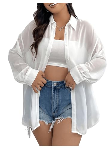Milumia Women Plus Size Sheer Long Sleeve Button Down Shirt See Through Blouse Tops4