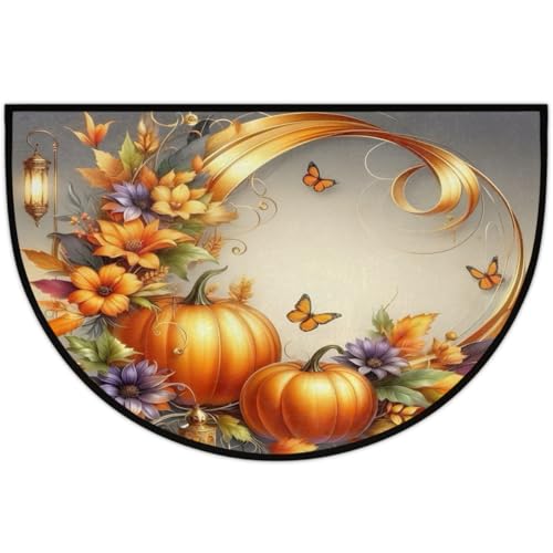 Image of Half Round Door Mat Autumn Butterfly Flower Pumpkin Non-Slip Semi Circle Area Rug Washable Half Moon Hearth Rugs for Indoor Outdoor Bathroom Kitchen Patio Runner Mat Laundry Room Home Decoration