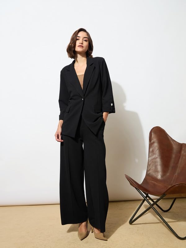 Image of Black Front Dart Textured Palazzo Pants