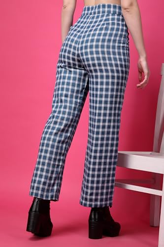 Image of POPWINGS Casual Check Print Button and Zip Closure Trouser for Women | Western Wide-Leg Trouser for Women | Summer Trousers for Women | Comfortable Semi-Formal Work Trouser for Women