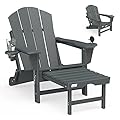 Mdeam Folding Adirondack Chair with Retractable Ottoman, HDPE All-Weather Fire Pit Chair with 2 Cup Holders, Outdoor Chair for Deck Patio Garden Backyard Lawn (Grey)