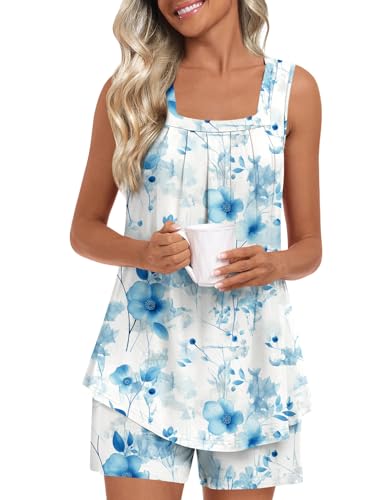 Image of LONGYUAN Womens Sleeveless Pajama Set Soft Summer Lounge Shorts Tank Top Sleepwear with Pockets 2 Piece Set M-3XL