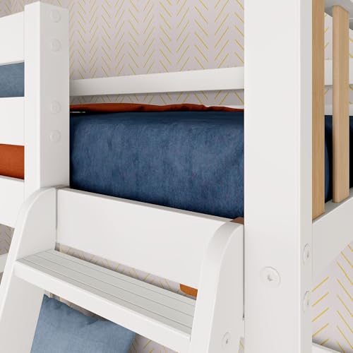 Image of Max & Lily Scandinavian Twin Loft Bed - Modern Solid Wood Kids' High Loft with 14 inch Guard Rails, Angled Ladder with Anti-Slip setps, 400-lb Capacity, Easy Assembly, White /Blonde